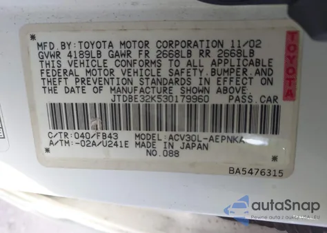 2003 Toyota Camry Le из США, поврежденный, VIN JTDBE32K530179960